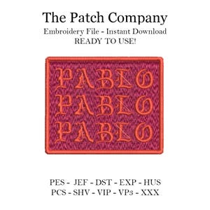 May include: Red and white embroidery design of the word "PABLO" repeated three times in a square frame. The embroidery file is for instant download and ready to use.  PES, JEF, DST, EXP, HUS, PCS, SHV, VIP, VP3, XXX.