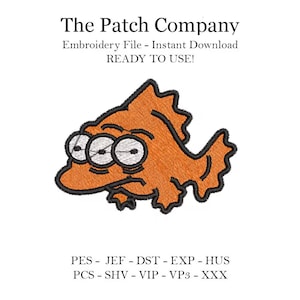 Puede incluir: Un parche bordado naranja de un pez de dibujos animados con tres ojos. El texto "PES - JEF - DST - EXP - HUS PCS - SHV - VIP - VP3 - XXX" está debajo de la imagen.