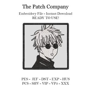 May include: Black and white embroidery design of a cartoon character with blonde hair wearing sunglasses. The design is framed in a square with a gray background. The text "The Patch Company" is at the top of the image. The text "Embroidery File - Instant Download" is below the image. The text "READY TO USE!" is below the previous text. The text "PES - JEF - DST - EXP - HUS" is below the image. The text "PCS - SHV - VIP - VP3 - XXX" is below the previous text.