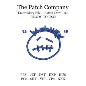 Puede incluir: Un diseño bordado azul de una cara angustiada con el texto "The Patch Company" y "Archivo de bordado - Descarga instantánea ¡LISTO PARA USAR!" sobre un fondo blanco. Formatos de archivo de bordado debajo.