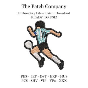 Puede incluir: Parche bordado de un jugador de fútbol con una camiseta a rayas azules y blancas con el número 10 en la espalda, pateando un balón de fútbol. El texto "The Patch Company" y "Embroidery File - Instant Download READY TO USE!" está por encima de la imagen. El texto "PES - JEF - DST - EXP - HUS PCS - SHV - VIP - VP3 - XXX" está debajo de la imagen.