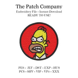 Puede incluir: Un diseño de bordado que presenta un personaje de dibujos animados amarillo con una expresión de enojo, sobre un fondo circular rojo. El diseño está disponible en múltiples formatos de archivo, incluidos PES, JEF, DST, EXP, HUS, PCS, SHV, VIP, VP3 y XXX.