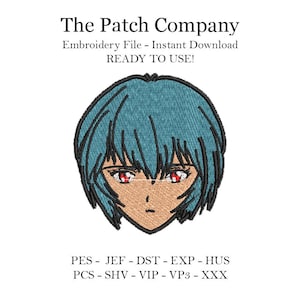 Puede incluir: Parche bordado de un personaje de anime con cabello azul y ojos rojos. El texto "The Patch Company" está en la parte superior de la imagen. El texto "Embroidery File - Instant Download READY TO USE!" está debajo de la imagen. El texto "PES - JEF - DST - EXP - HUS PCS - SHV - VIP - VP3 - XXX" está en la parte inferior de la imagen.