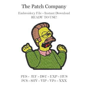 Puede incluir: Un diseño de bordado de un personaje de dibujos animados amarillo con cabello castaño, un suéter verde y una lengua roja que sobresale. El diseño se titula "The Patch Company" e incluye el texto "Embroidery File - Instant Download READY TO USE!" y "PES - JEF - DST - EXP - HUS PCS - SHV - VIP - VP3 - XXX".