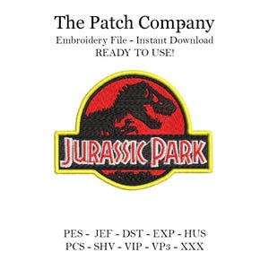 Puede incluir: Archivo de bordado para un parche del logotipo de Jurassic Park. El logotipo presenta un círculo rojo con una silueta de dinosaurio negro y el texto "Jurassic Park" en letras blancas sobre una pancarta amarilla.