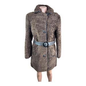 Ladies’ Vintage Sheepskin Fur Teddy Button Jacket Coat, Size UK 10-12, Belted