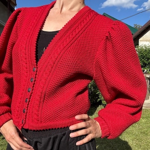 Vintage Bavarian Wool Cardigan Lanamoden | Red Puff Sleeve Trachten Sweater | Austrian Alpine Knit
