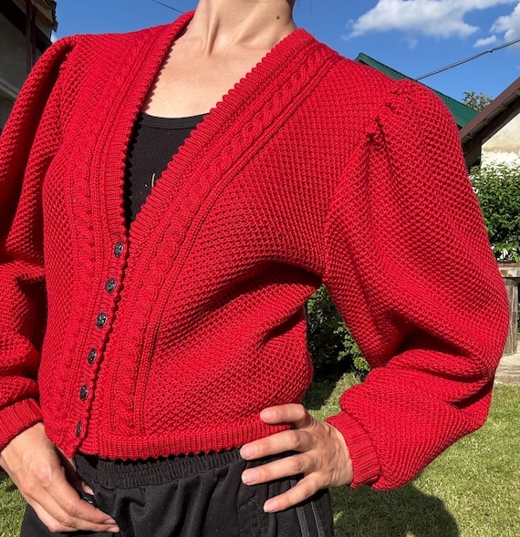 Vintage Bavarian Wool Cardigan Lanamoden Red Puff Sleeve