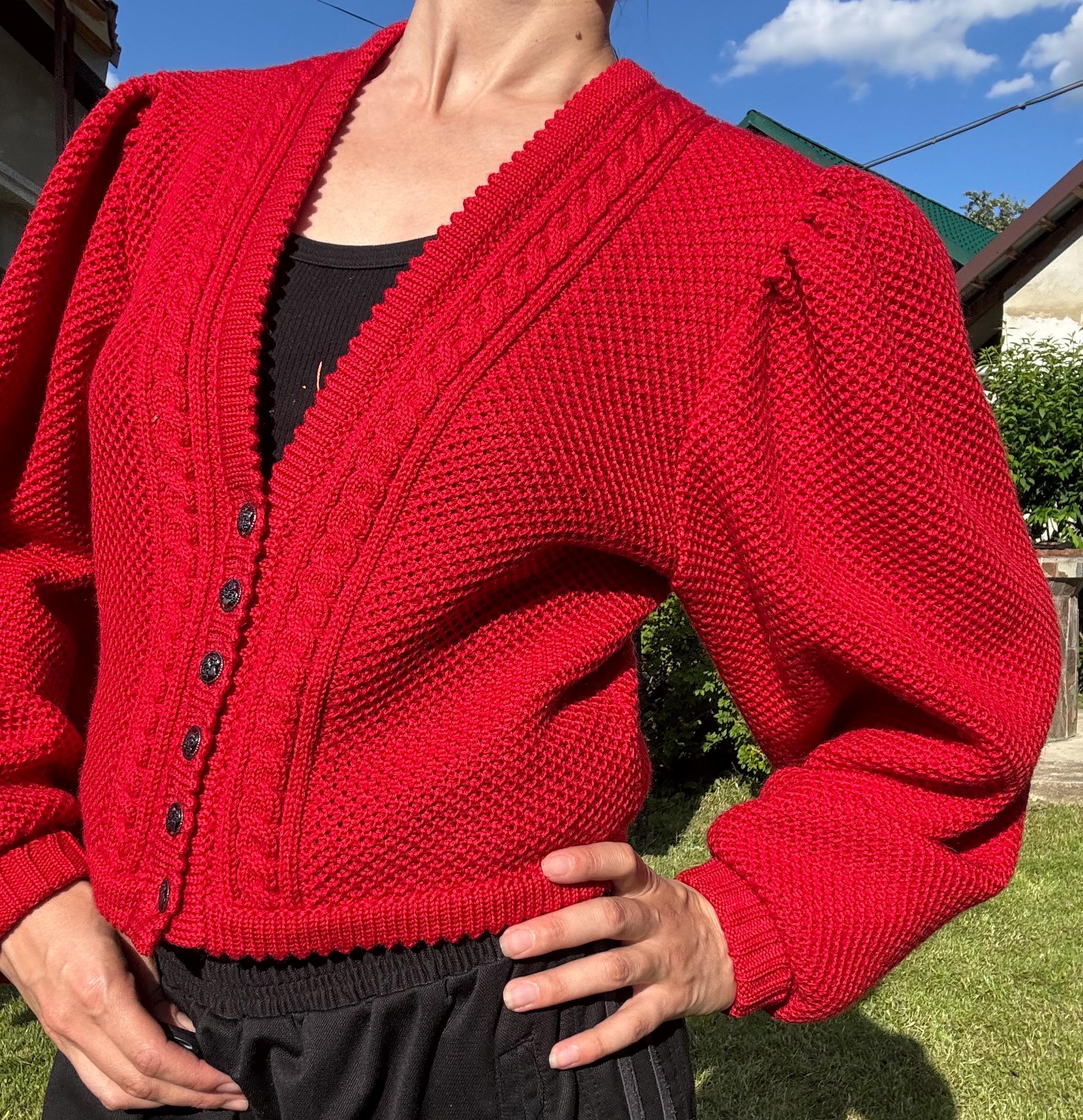 Vintage Bavarian Wool Cardigan Lanamoden Red Puff Sleeve