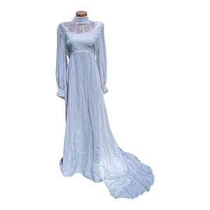 Vintage 1970s White Wedding Dress with Train | High Neck Long Sleeve Bridal Gown Size S/M Bishop Sleeve