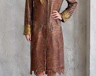 ロングレザーヴィンテージコート トレンチ マキシ ブラウン キャメル