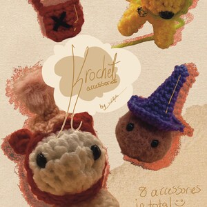 May include: A collection of eight crocheted accessories, including a small red purse, a yellow and green creature, a brown creature with a purple hat, and a red and white creature. The image includes the text "Crochet accessories by ... 8 accessories in total"