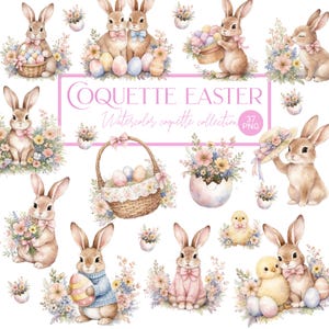 Puede incluir: Ilustraciones en acuarela de conejos de Pascua, huevos, flores y cestas. La imagen incluye el texto "Coquette Easter Watercolor coquette collection". Los conejos llevan lazos y suéteres. La paleta de colores es pastel.