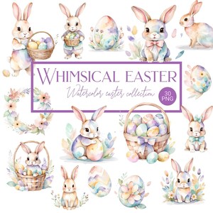 Puede incluir: Ilustraciones en acuarela de conejitos de Pascua, huevos y arreglos florales. Los conejitos sostienen cestas de huevos y llevan lazos. El texto dice "Whimsical Easter Watercolor Easter Collection".