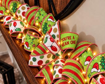 Grinch Inspired Christmas Garland, Green Red Holiday Mantel Garland, Whimsical Christmas Decor, Optional Warm White Lights