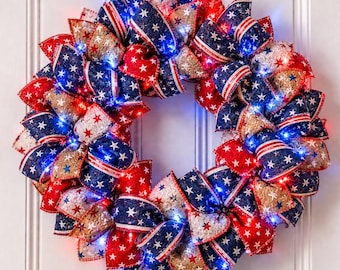 Lighted Patriotic Ribbon Wreath, Red White Blue Americana Door Decor (LED Lights)