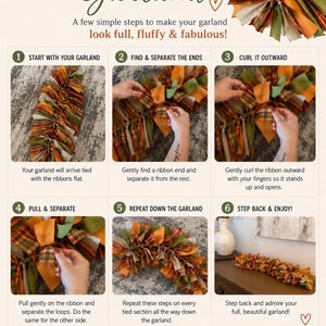 K&ouml;nnte beinhalten: Eine informative Infografik mit dem Titel HOW TO FLUFF YOUR GARLAND von GippsDecor. Sie zeigt sechs nummerierte Schritte mit Fotos, die demonstrieren, wie man die Stoffb&auml;nder einer dekorativen Girlande in Orange, Gr&uuml;n und Karomuster trennt und kr&auml;uselt.