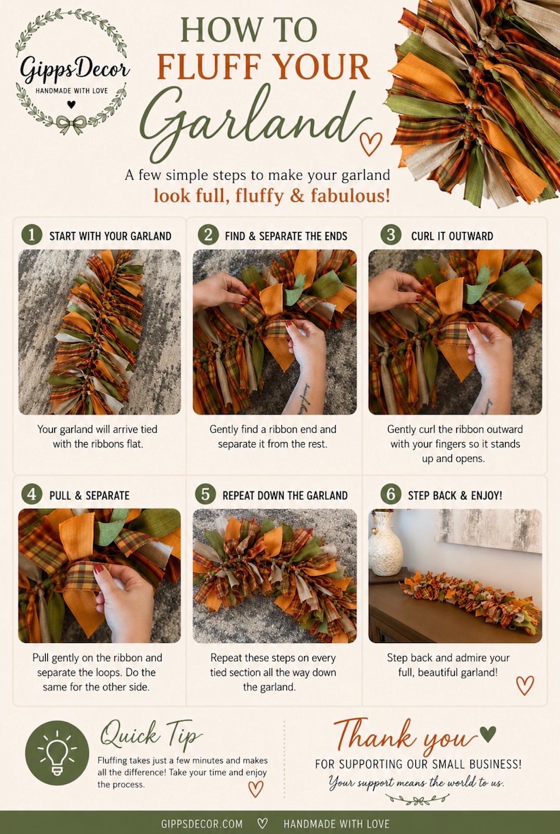 K&ouml;nnte beinhalten: Eine informative Infografik mit dem Titel HOW TO FLUFF YOUR GARLAND von GippsDecor. Sie zeigt sechs nummerierte Schritte mit Fotos, die demonstrieren, wie man die Stoffb&auml;nder einer dekorativen Girlande in Orange, Gr&uuml;n und Karomuster trennt und kr&auml;uselt.
