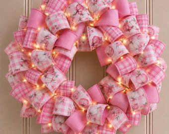 Handmade Pink Fall Wreath, Pumpkins, Plaid Ribbon, Farmhouse Autumn Decor (Optional Lights)