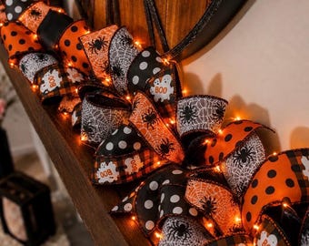 Handmade Halloween Ribbon Garland, Spooky Spider Web Boo Ghost Decor (Optional Fairy Lights)