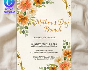 Plantilla de invitación para brunch del Día de la Madre, invitación floral editable para desayuno del Día de la Madre