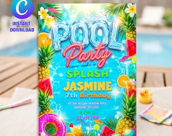 Invitación editable para fiesta en la piscina, invitación para fiesta de cumpleaños de verano, invitación electrónica para fiesta en la piscina, fiesta de natación, fiesta de cumpleaños tropical, plantilla de Canva