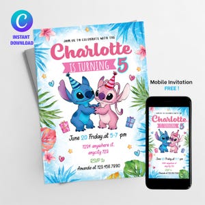 Editable Stitch Birthday Invitation Template, Printable Birthday Party Invitations, Digital Kids Party Invite Boys & Girls Bday Card Evite
