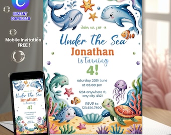 Invitación de cumpleaños "Onder the Sea", plantilla editable de Canva, animales marinos en acuarela, invitación de cumpleaños infantil con temática náutica del océano, DESCARGA DIGITAL