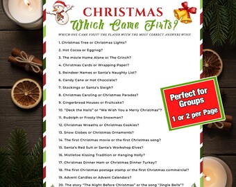 May include: A Christmas trivia game with a red and green border, featuring the title "Christmas Which Came First?" and a list of questions. The game is designed for groups and includes festive illustrations of a snowman and bells.