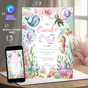 Oneder the Sea Birthday Invitation Printable, Under the Sea Editable Template, 1st Birthday Invite, Ocean Animals Girls Under the Sea Invite