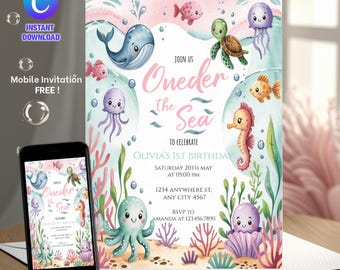 Invitación de cumpleaños "Onder the Sea", plantilla editable de Canva, animales marinos en acuarela, invitación de cumpleaños infantil con temática náutica del océano, DESCARGA DIGITAL