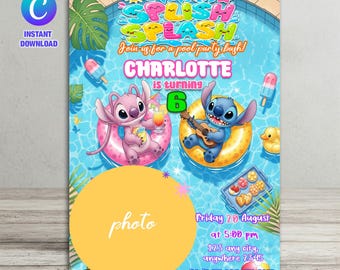 Stitch Pool Party Birthday Invitation for Girl Editable Stitch Invitation Hawaii party invite Tropical birthday invitation