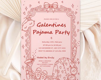 Invitación a la fiesta de pijamas de Galentine, pijamada de niñas, plantilla editable de Canva (descarga digital)