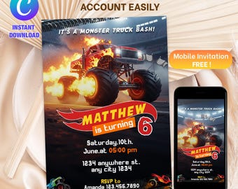 Monster Truck Birthday Invitation, Monster Truck Birthday Invitation Template For Boys, Truck Birthday Invite, Monster Jam, Editable Canva