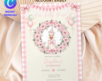 One Silly Goose eerste verjaardagsuitnodiging, elegante bloemen strik thema bewerkbare sjabloon, roze pastel Goose partij uitnodigen meisje 1e verjaardag