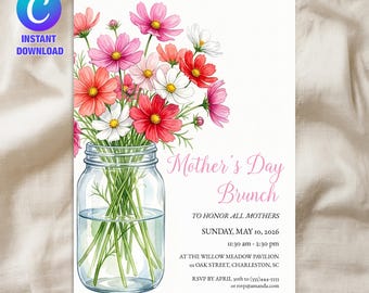 Plantilla de invitación para brunch del Día de la Madre, invitación floral editable para desayuno del Día de la Madre