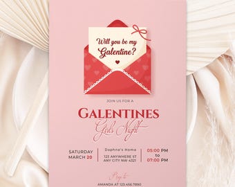 Plantilla imprimible de invitación para la fiesta de Galentine, invitación para el Día de San Valentín para niñas en rosa y rojo