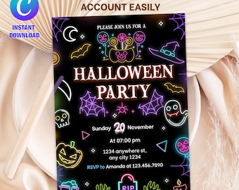 Editable Neon Halloween Birthday Invitation, Halloween Invitation Kids Halloween Birthday Halloween Spooky Party Invite, Neon Glow Halloween