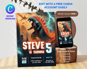 Godzilla Birthday Invitation: Editable Monster Party Invite (Digital Download)