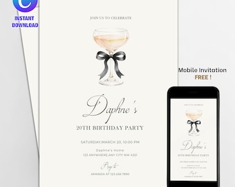 Champagne Coupe Birthday Invitation: Black Bow, Minimalist Party Invite (Digital Download, Canva Template)
