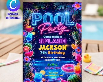 Invitación de cumpleaños para niñas en la piscina, cumpleaños para niñas adolescentes, fiesta de verano en la piscina, editable, plantilla de Canva.