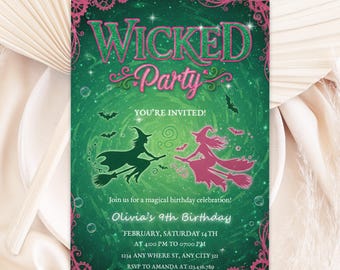 Invitación de fiesta de cumpleaños de Wicked, invitación de fiesta de Wicked, boleto de película inspirado en WICKED, tema de Elphaba y Glinda, fiesta de película, Canva editable