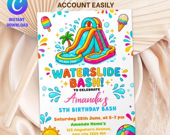 Waterslide Birthday Invitation Template | Water Slide Party Invite | Pool Party Birthday Editable Canva Invitation