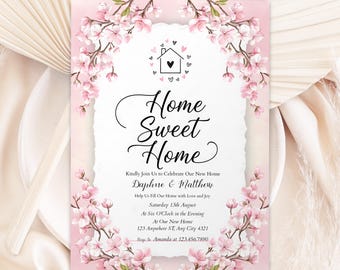 Invitación "Hogar, dulce hogar", invitación para fiesta de inauguración, invitación digital imprimible con flores rosas, plantilla editable de Canva