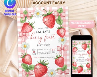 Berry First Birthday Invitation | Editable Canva Template | Strawberry Pink Gingham + Watercolor Strawberries (Digital Download)