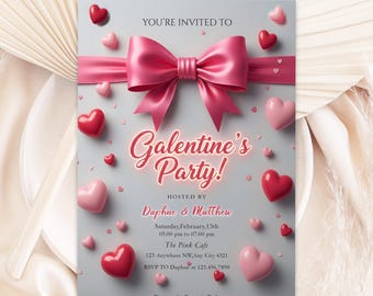 Invitación para fiesta de Galentine con lazo rosa, plantilla editable de Canva (descarga digital)