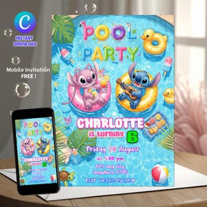 Stitch Pool Party Birthday Invitation for Girl Editable Stitch Invitation Hawaii party invite Tropical birthday invitation