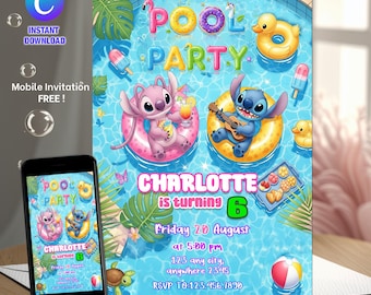 Stitch Pool Party Birthday Invitation for Girl Editable Stitch Invitation Hawaii party invite Tropical birthday invitation