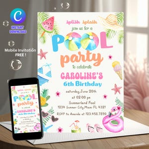 Pool Party Birthday Invitation: Pink Flamingo, Editable Digital Download