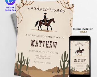 Vaquero Birthday Invitation: Wild West Cowboy Rodeo, Editable Canva Template (PDF & Mobile Version)